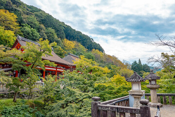 View of an old temple with Japanese trees.