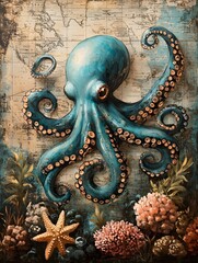 Fototapeta premium A teal octopus glides through corals and starfish set against an antique map background showcasing blue and turquoise tones on textured paper