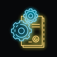 Obraz premium Neon glowing icon of copyright process with contract and gears on black background