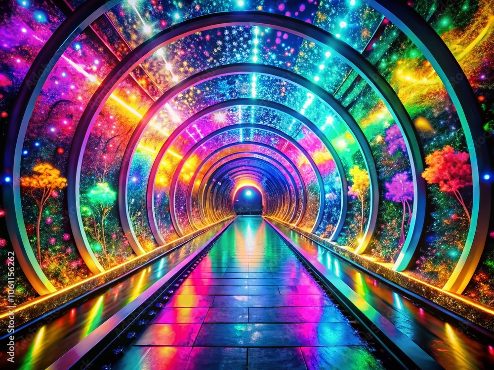 Poster abstract colorful glowing tunnel - surreal psychedelic scene with vibrant colors for captivating vis