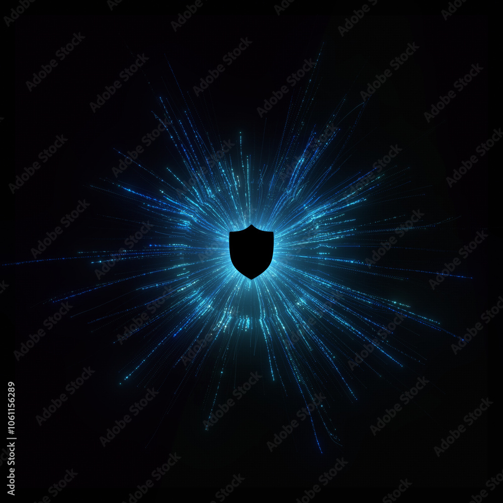 Poster Dynamic, futuristic shield surrounded by a pulsating, energy-charged particle force field. Particles burst outward from behind the shield, creating a visually striking and powerful image.