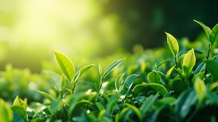 Obraz premium The bright sun is shining beautifully through the lush leaves of a tea plant