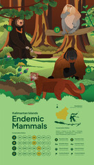 Colorful Kalimantan mammals flat illustration layout idea poster