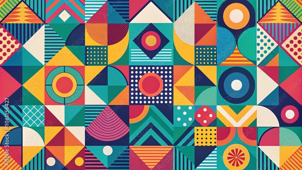 Poster abstract geometric pattern background with circles, squares, and triangles in vibrant colors for mod