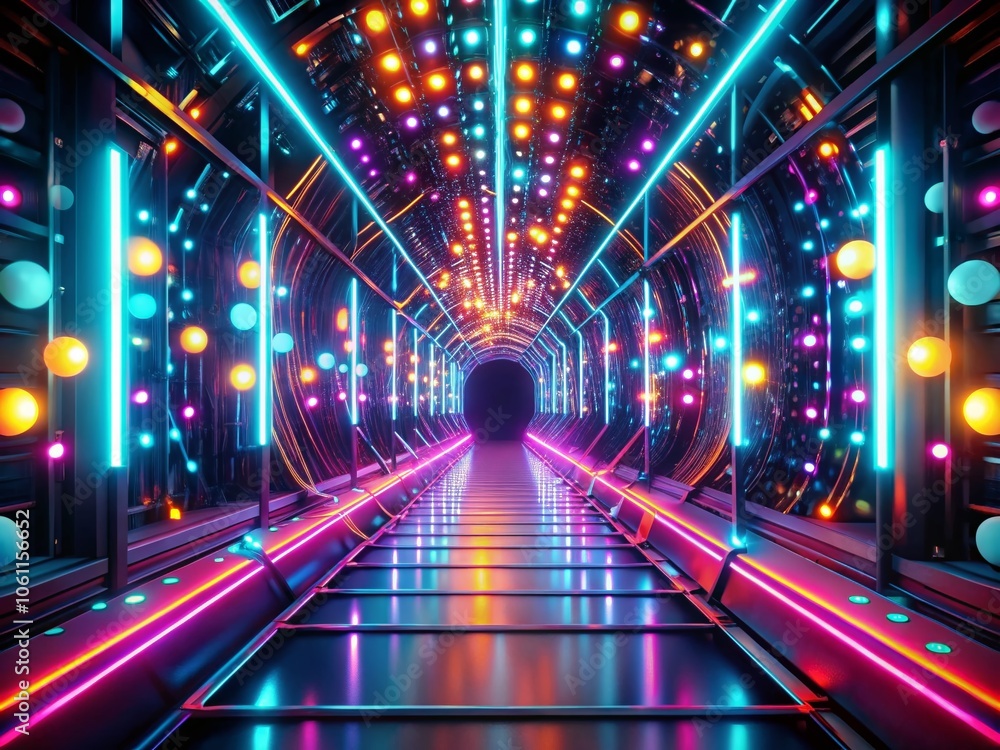 Aufkleber abstract neon lights tunnel with bokeh effect, 3d reflection and seamless motion background for visu
