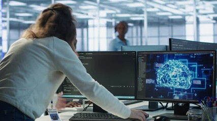 Admin panicking after computer crash affecting server room AI workloads, spamming keyboard keys. Artificial intelligence employee struggling to repair data center systems after network failure, camera - Powered by Adobe