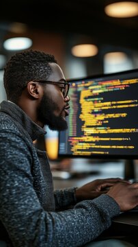 Programmer working on code with focus on monitor and coding lines