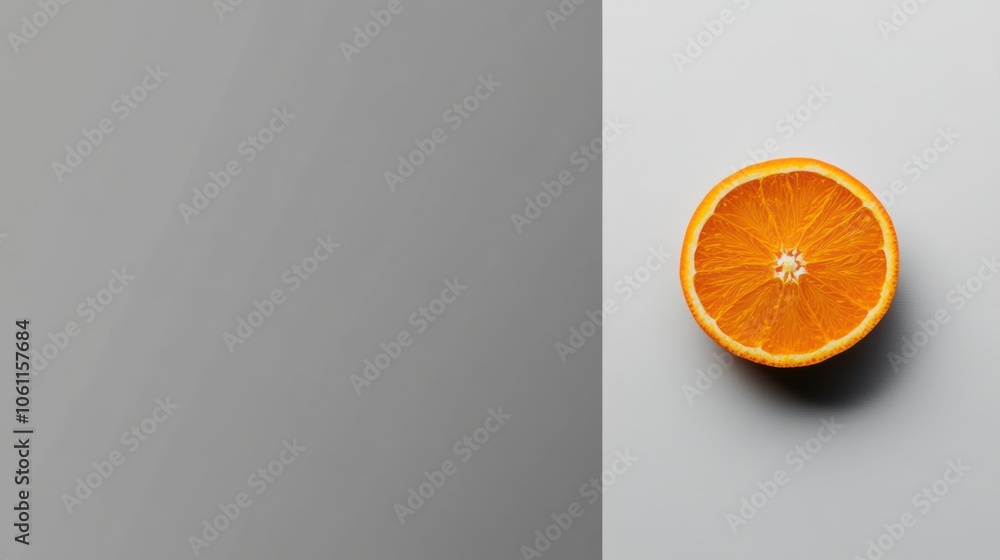 Poster a single slice of orange on a white and grey background