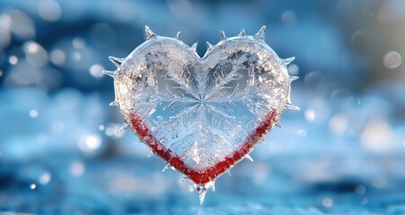 A heart-shaped crystal with intricate ice patterns and a sparkling red border glows against a soft, snowy blue background, blending elegance and festivity in a winter wonderland.