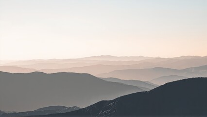Generative AI, Minimalist Aerial View of Serene Mountain Ranges with Soft Cloud Layers