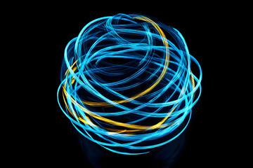 A dynamic neon blue wireframe globe with bright neon yellow light trails against a dramatic black background.