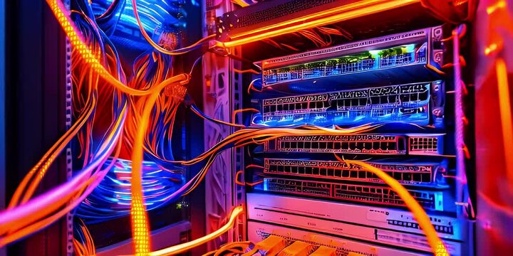 A close up view of a server rack, lit in red and blue neon, with orange and blue cables connected to the ports.