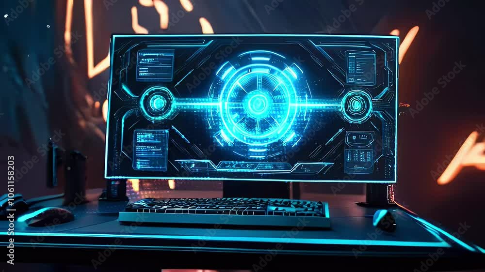 Aufkleber futuristic computer desktop with a glowing blue interface.