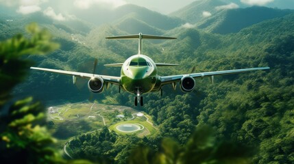 Airplane Flying Over Lush Green Mountains