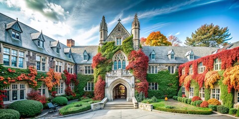 Fototapeta premium Aerial View of Autumn Ivy-Covered Gothic Stone Building Entrance in College Colors with Vibrant Foliage and Architectural Details