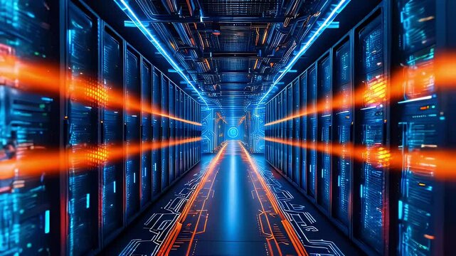 A futuristic server room with orange and blue glowing lights, the servers are lined up on both sides of a walkway in the middle.