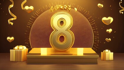 Happy 8 year birthday gold greeting background