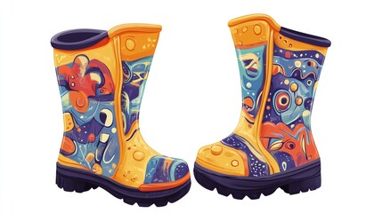 a 2D cartoon illustration of a pair of rain boots with a cute pattern, practical and stylish, white background--ar 16:9