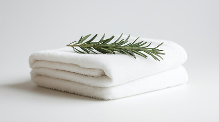 Single white bath towel with a sprig of rosemary resting on top for a fresh, clean vibe