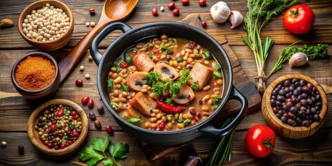 Aerial View of Delicious Pot of Blackeyed Peas with Spices and a Large Ham Hock - Gourmet Southern Cuisine, Comfort Food, Culinary Delight, Hearty Meal