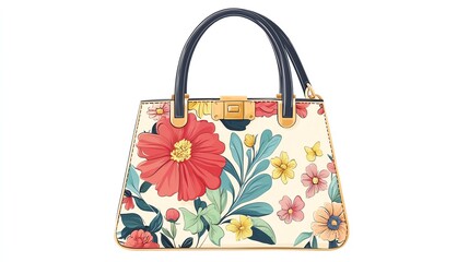 a 2D cartoon illustration of a fashionable handbag with a floral design, stylish and elegant, white background--ar 16:9