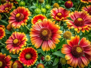 Aerial View of Vibrant Gaillardia Aristata Flowers in Bloom, Colorful Garden Scene with Red and Yellow Blossoms, Nature's Beauty Captured from Above