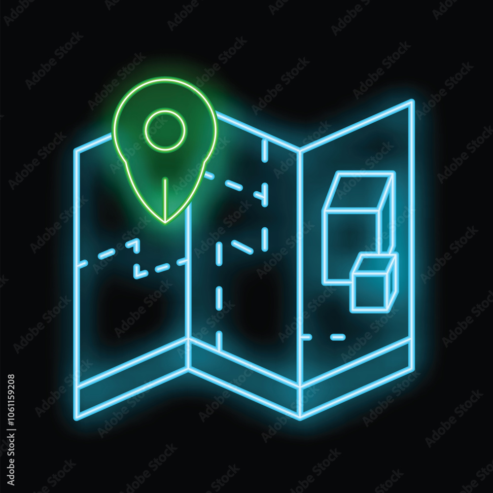 Poster neon glowing map showing location with pin and destination icon on black background