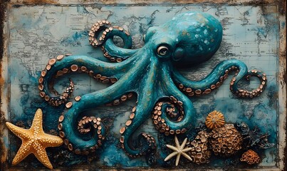 A teal octopus glides through corals and starfish set against an antique map background showcasing blue and turquoise tones on textured paper