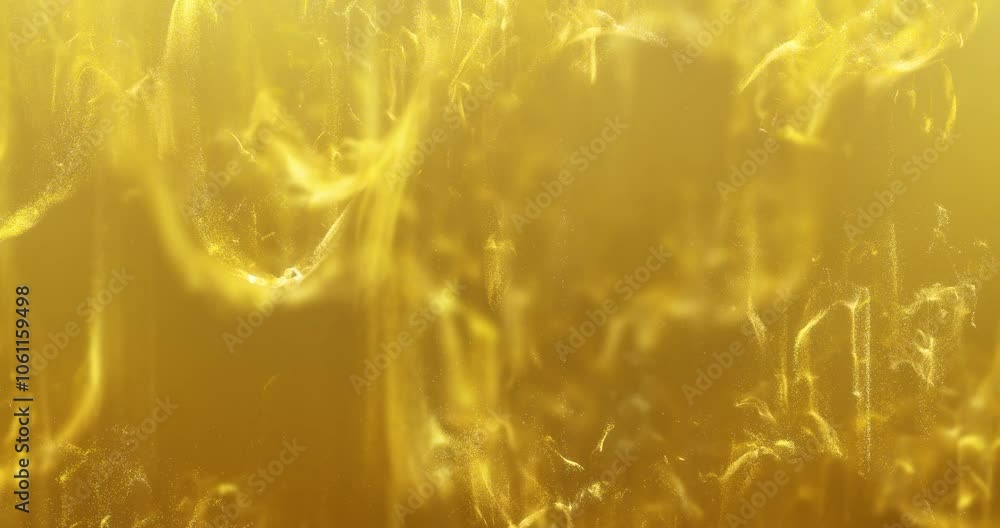 Poster loop of shimmering golden particles, suspended in a fluid-like medium. the intricate patterns and et