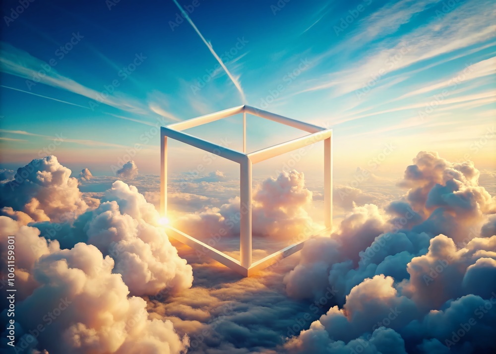 Aufkleber a stunning 3d rendering of a geometric square shape floating above serene clouds - a dreamlike visua