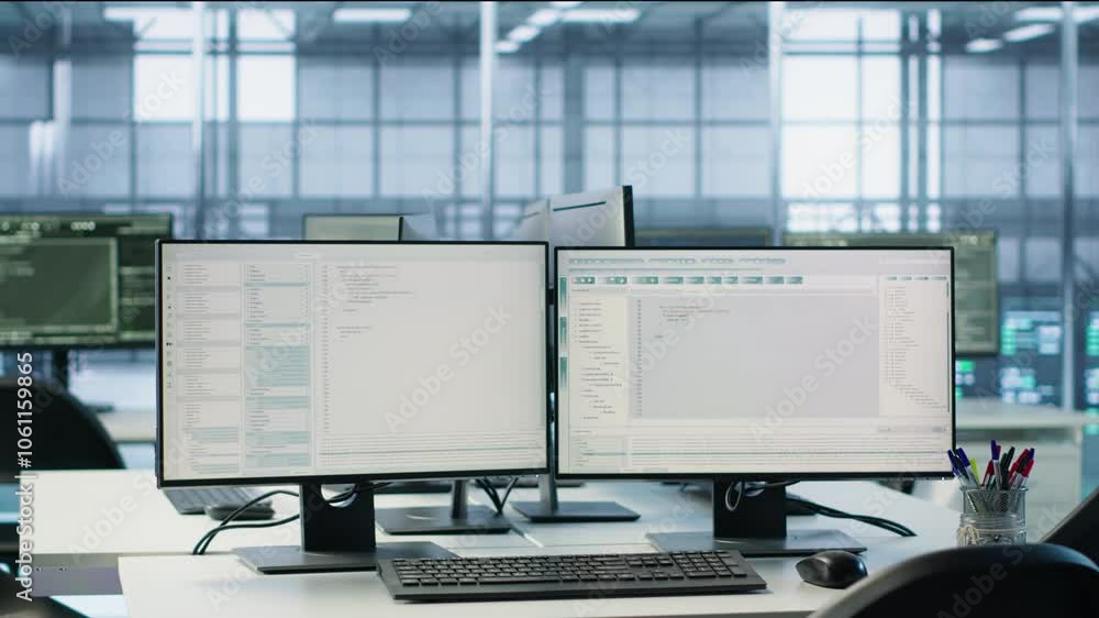 Poster computers in empty high tech data center establishment monitoring hardware energy consumption. pc mo