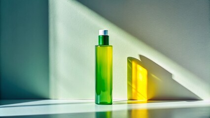 A tall green and yellow cosmetic bottle casts intriguing shadows on a pristine white surface, capturing the essence of urban exploration photography in a striking composition.