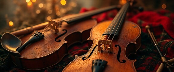 Close-up of vintage violins and a flute against a warm, festive background with soft bokeh lights