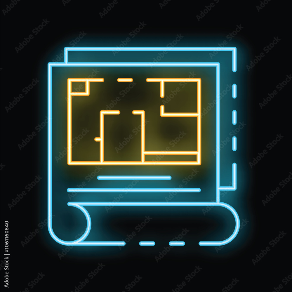 Poster glowing neon icon of architectural plans showing the layout of a house, suitable for use in designs 