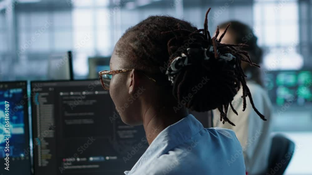 Poster woman programming in ai data center housing advanced equipment used for machine learning training. a