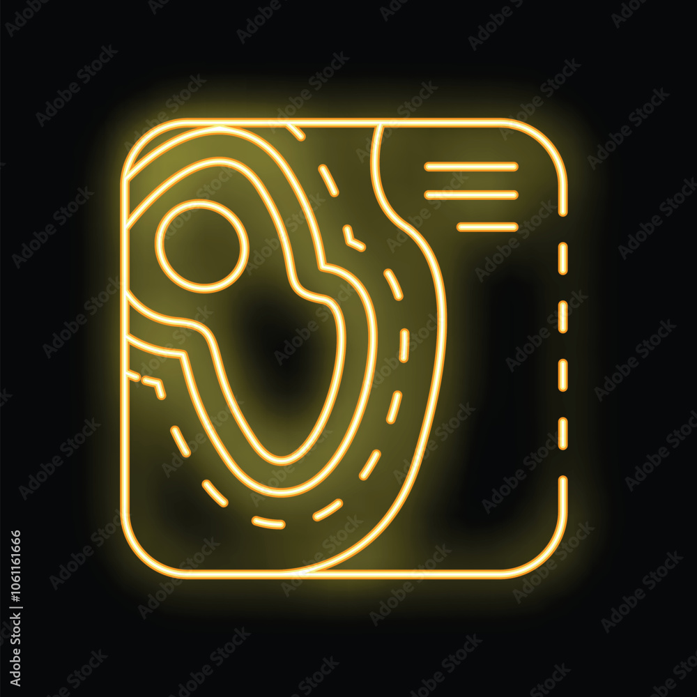 Poster yellow glowing neon line topographic map with route and coordinates icon isolated on black backgroun