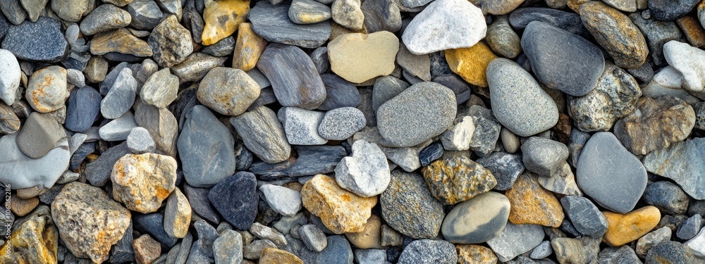 Poster a collection of various smooth stones in different colors and sizes, creating a natural texture.