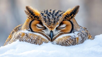 Obraz premium A resting owl nestled in snow, showcasing its feathers and peaceful demeanor.