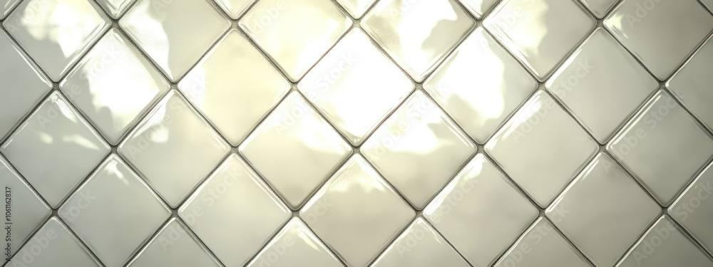 Poster a reflective tiled wall with a diamond pattern, creating an elegant surface texture.