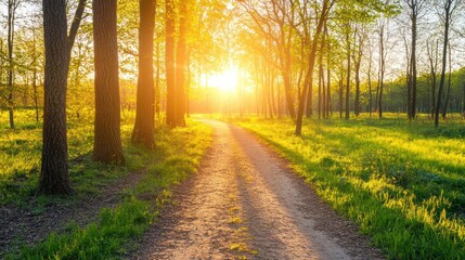 Obraz premium A sunlit forest path surrounded by trees and greenery, inviting exploration and tranquility.