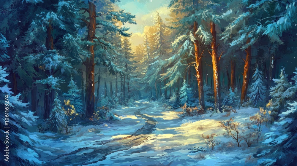 Poster a serene winter forest scene with snow-covered trees and a winding path illuminated by light.