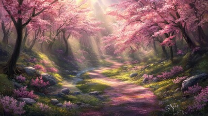 Fototapeta premium A serene forest scene filled with cherry blossoms, sunlight filtering through trees, creating a tranquil path.
