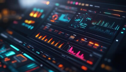 Obraz premium Data analytics dashboard with vibrant graphs and charts, sleek interface, soft lighting, modern tech setup, realism