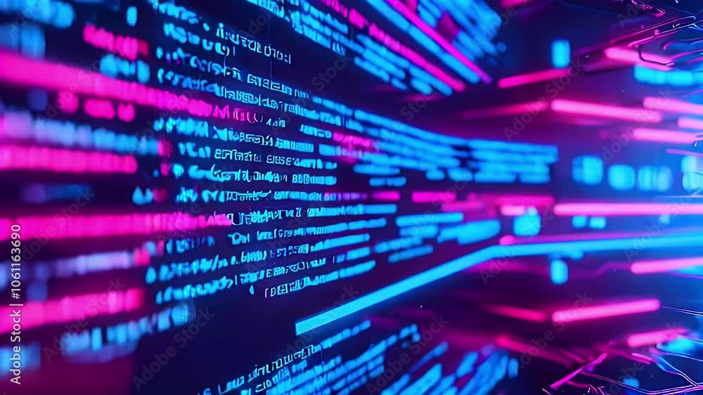 Poster abstract digital background with pink and blue glowing lines and code.