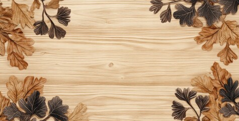 A wooden background adorned with decorative leaves, ideal for nature-themed designs.