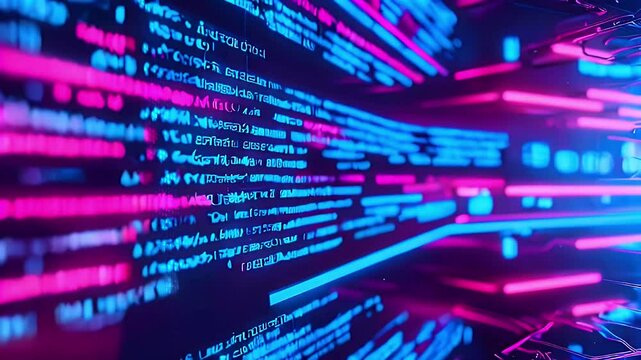 Abstract digital background with pink and blue glowing lines and code.