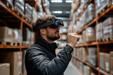 Technician using augmented reality in logistics warehouse