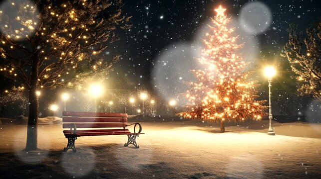 a christmas scene with a bench and trees. seamless looping time-lapse virtual 4k video animation background
