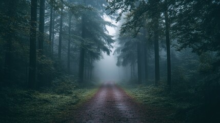 Obraz premium A misty forest path invites exploration and tranquility in nature's embrace.