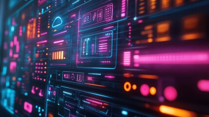 Home automation system with sleek digital interface, vibrant lighting, soft glow, modern design, futuristic atmosphere